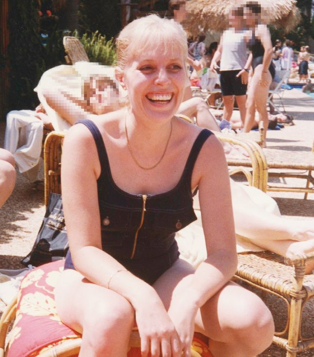 Mariette Lindstein poolside at a staff party at Golden Era Productions 1990s.