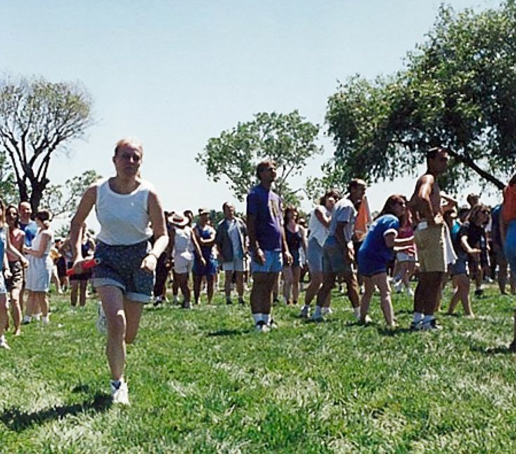 Mariette Lindstein (far right in white shorts) in relay race at a Golden Era Productions staff party 1997.